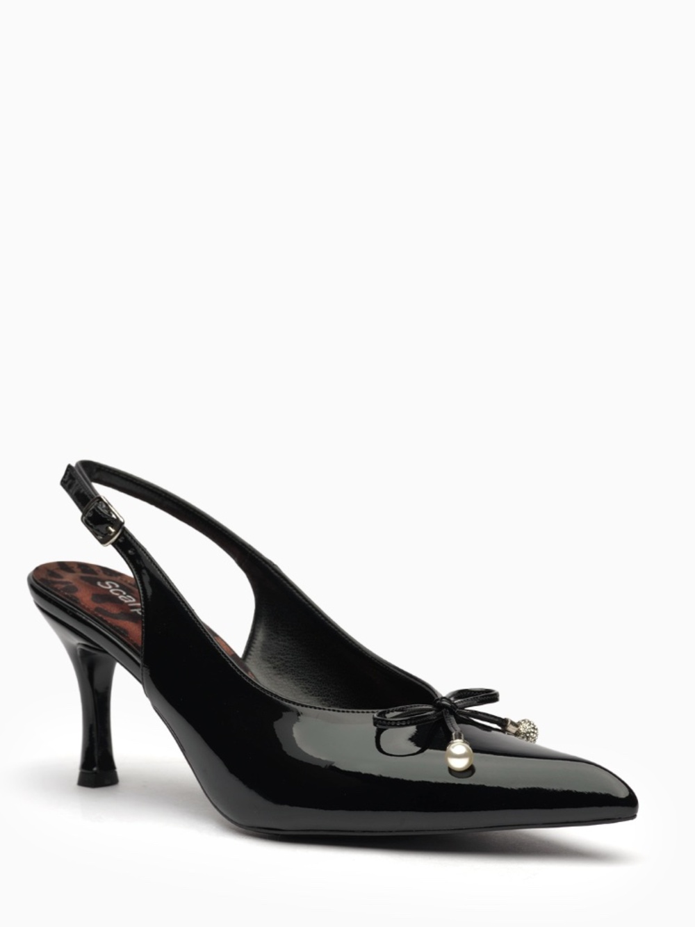 Perla Patent Slingback Heels: Knotted Bow, Pearl Detail, Hourglass Heel